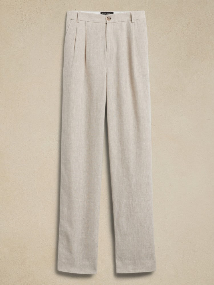 Pantalón Recto De Lino Beige