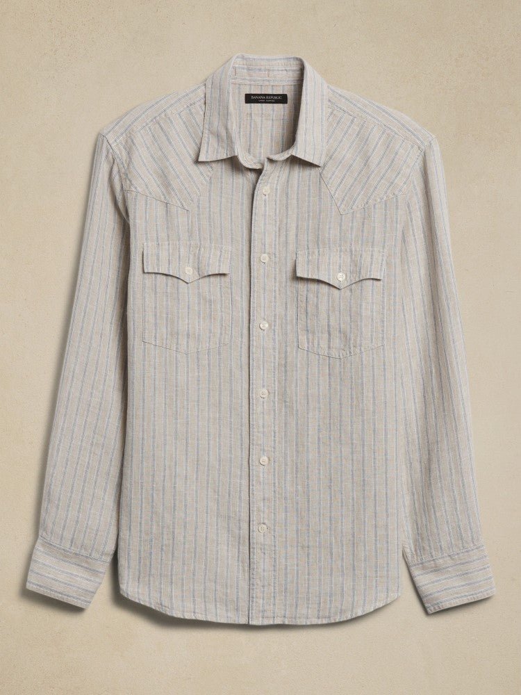 Camisa De Lino Bolsillos Rayas