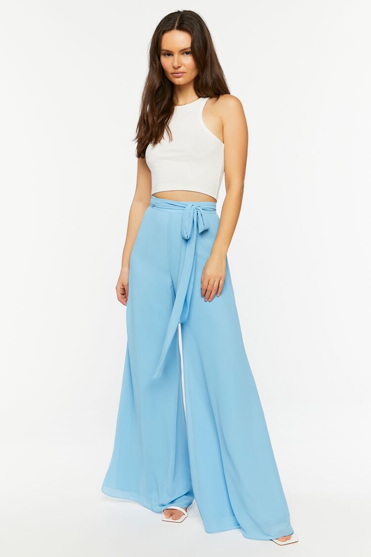 Pantalón Ancho Detalle Cintura Celeste