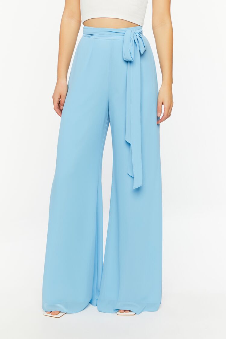 Pantalón Ancho Detalle Cintura Celeste