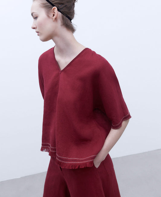 Camisa Escote Pico Flecos Rojo