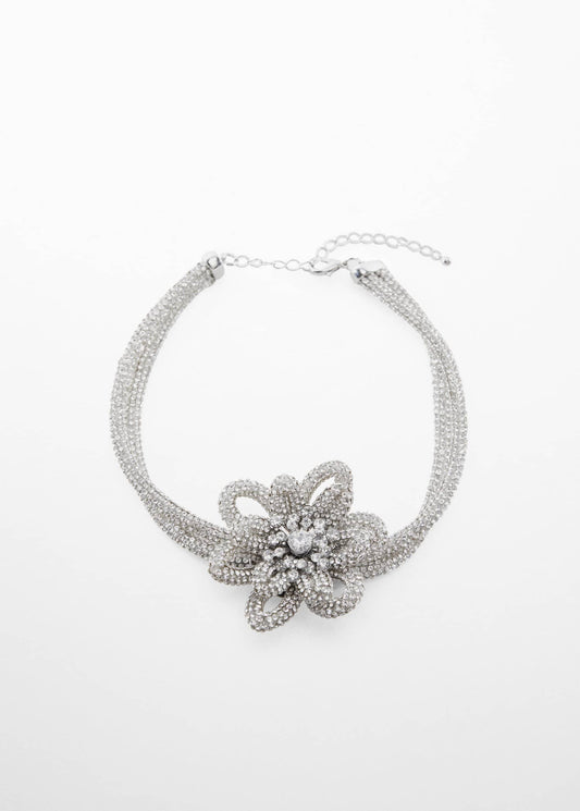 Collar Cristales Flor Plateado