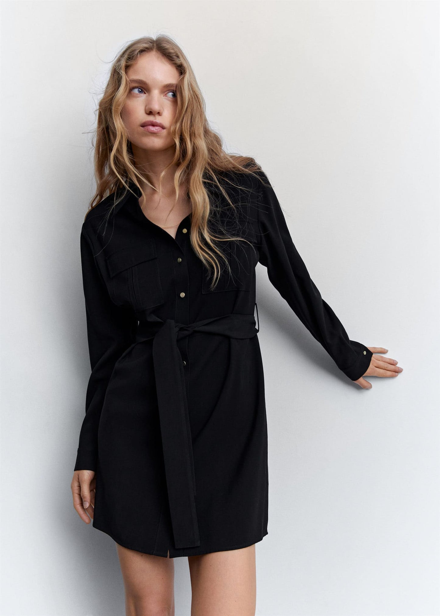 Vestido Negro Bolsillos Cinturón
