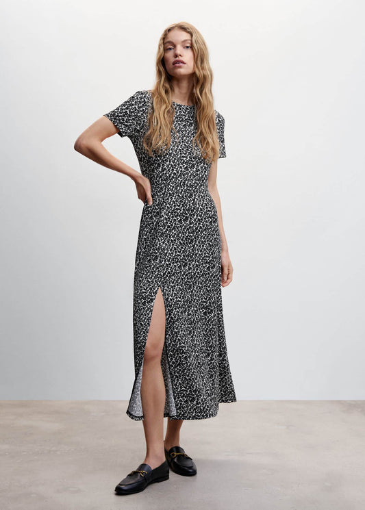 Vestido Estampado Abertura Negro