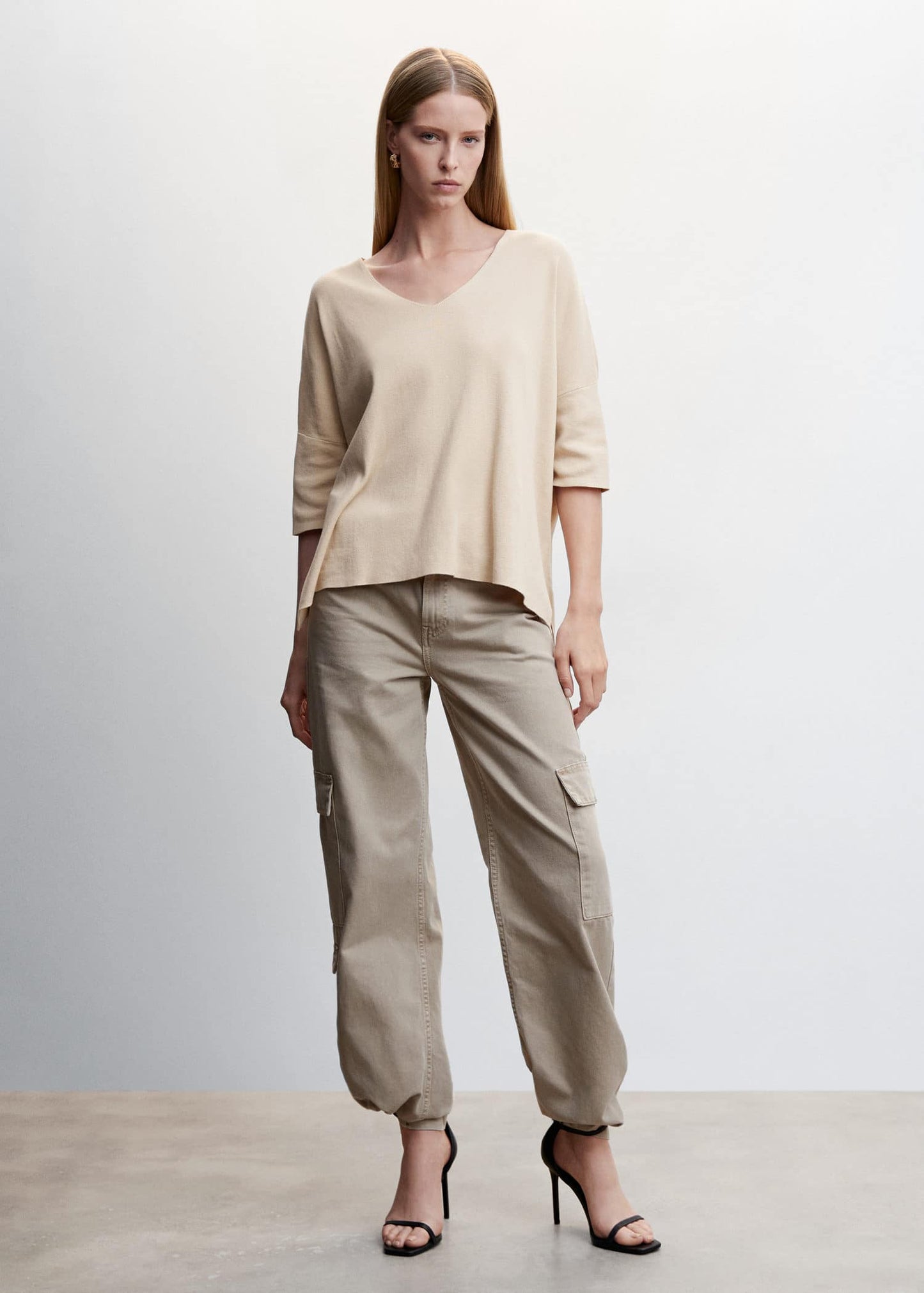 Sudadera Oversize Manga Tres Cuartos Beige