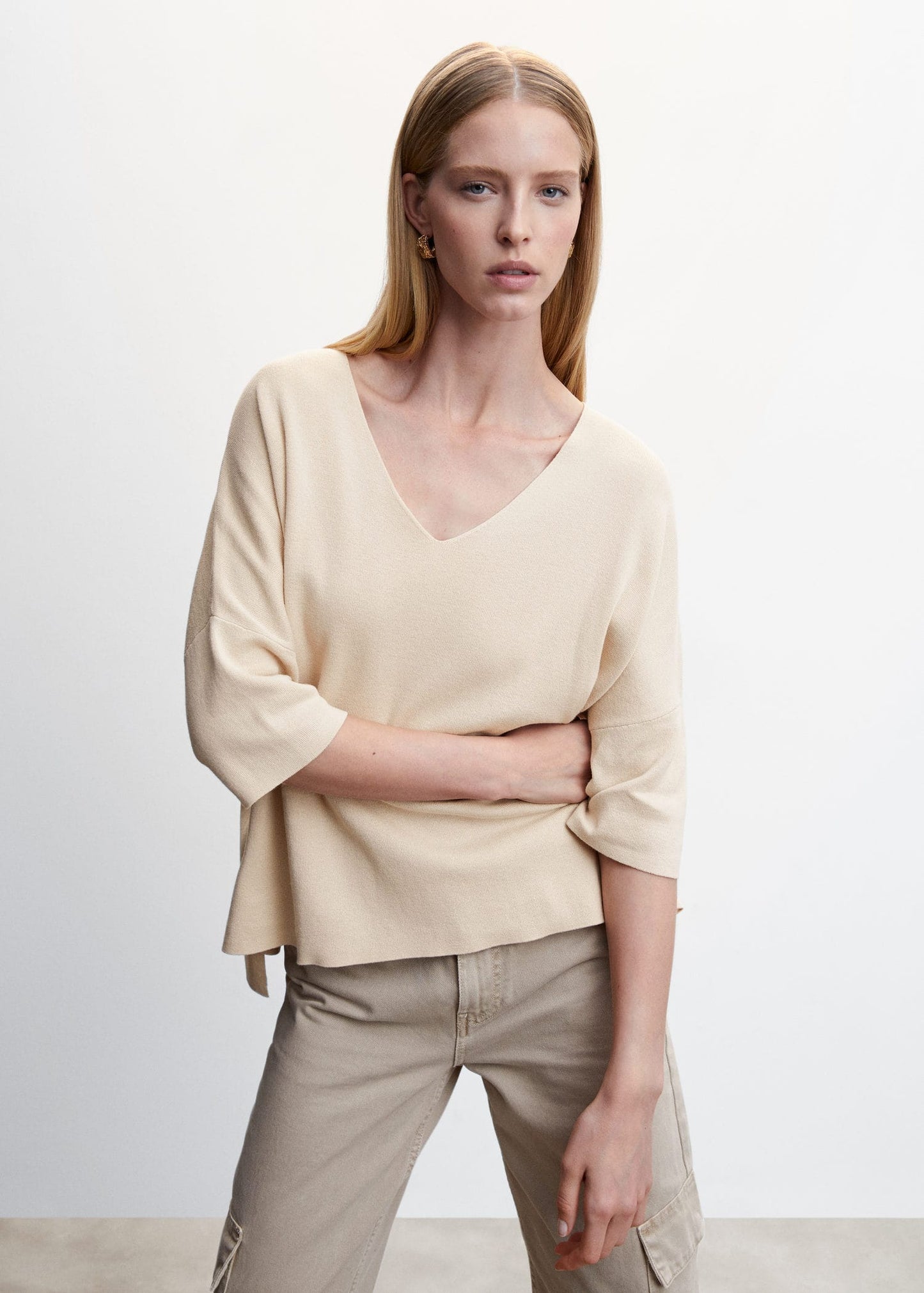 Sudadera Oversize Manga Tres Cuartos Beige