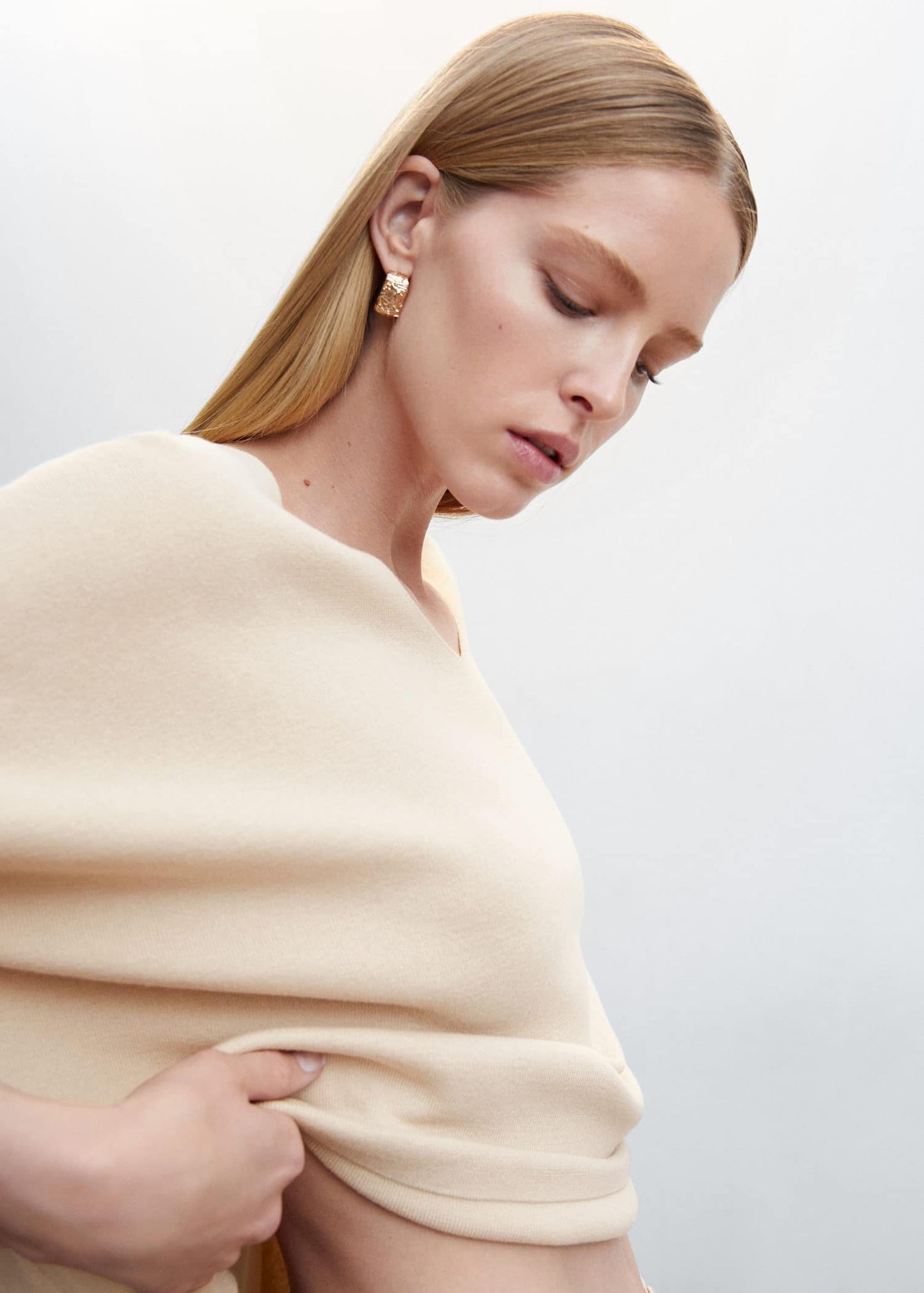 Sudadera Oversize Manga Tres Cuartos Beige