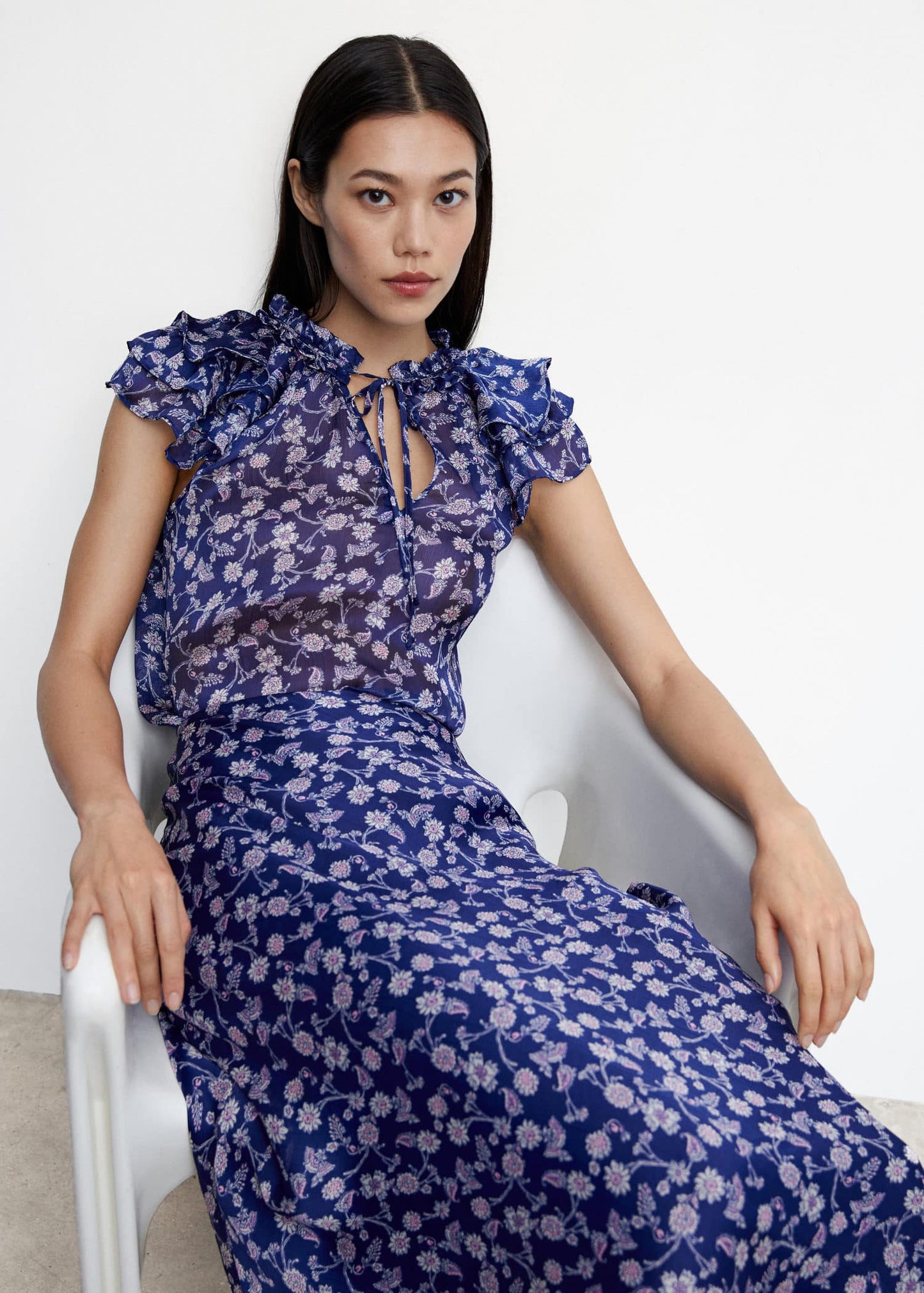 Blusa Floral Volantes Azul