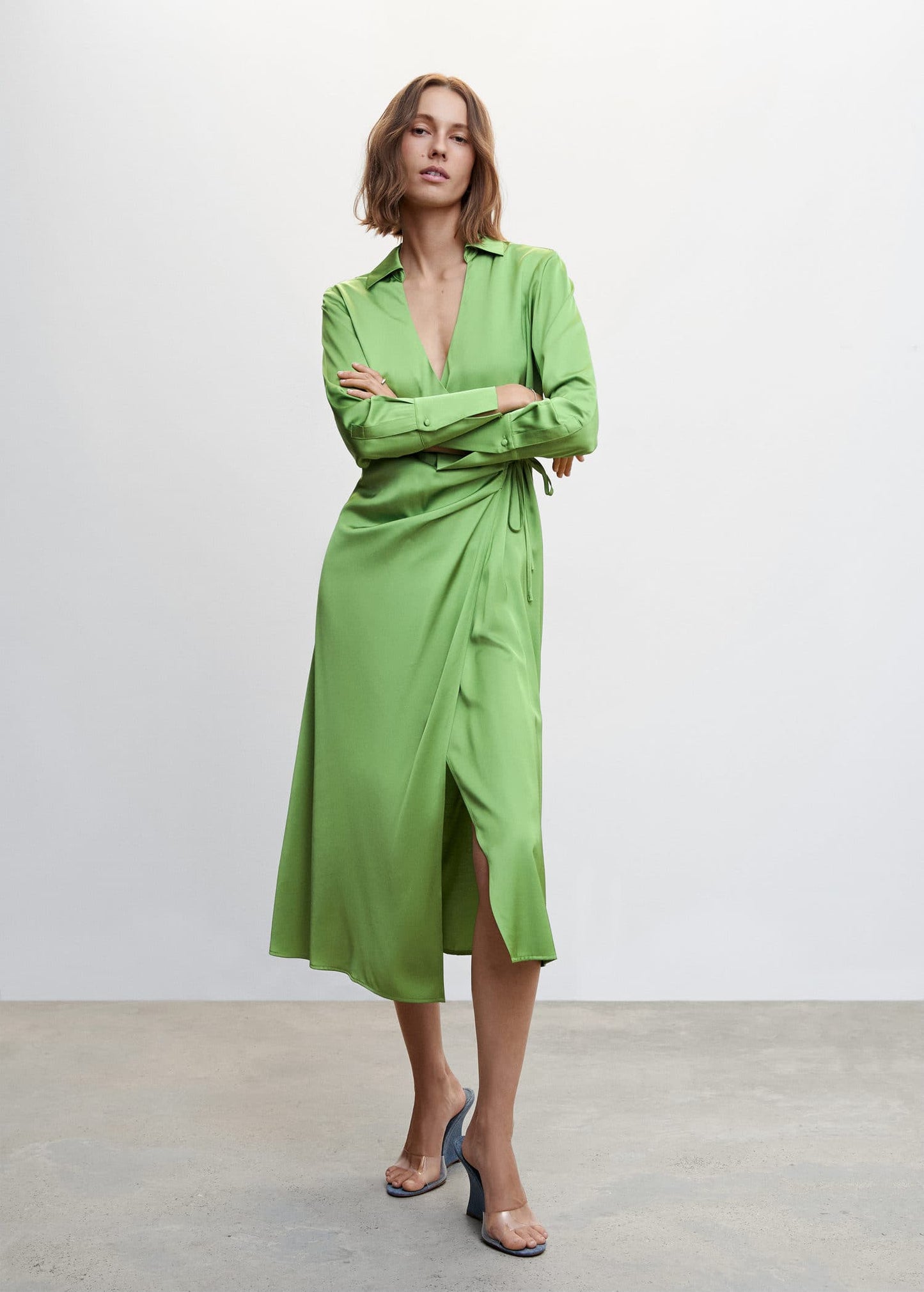 Vestido Satinado Drapeado Verde