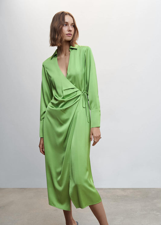 Vestido Satinado Drapeado Verde