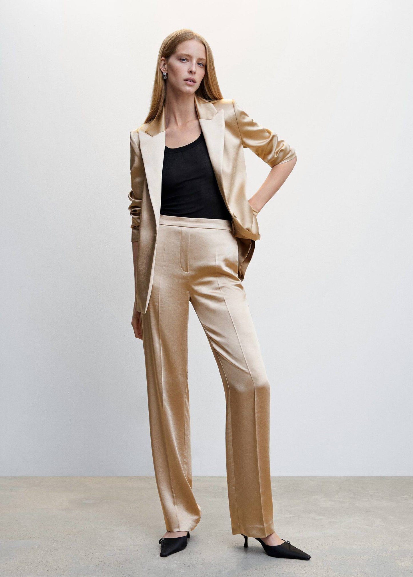 Pantalón Satinado Cintura Elástica Beige