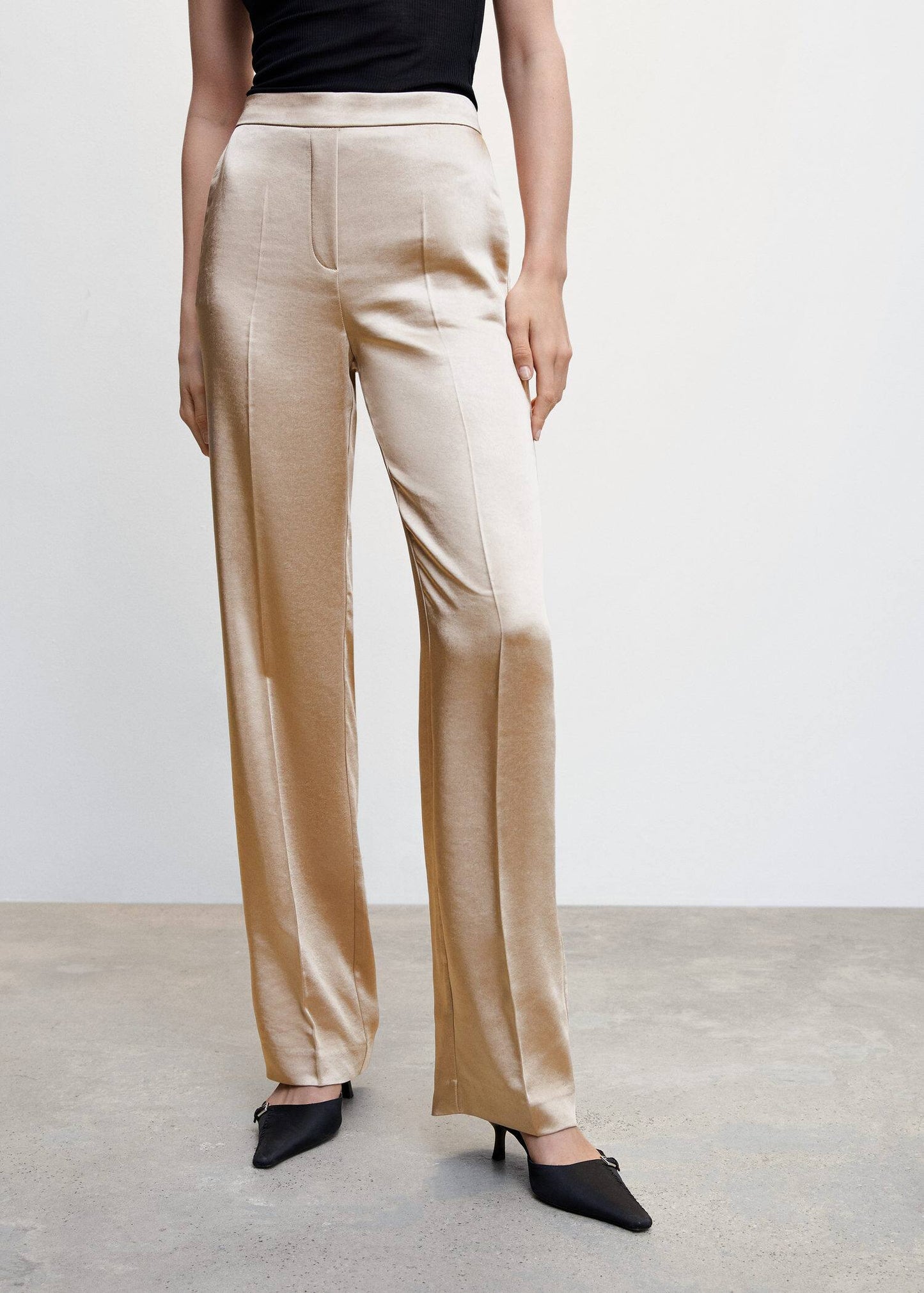 Pantalón Satinado Cintura Elástica Beige