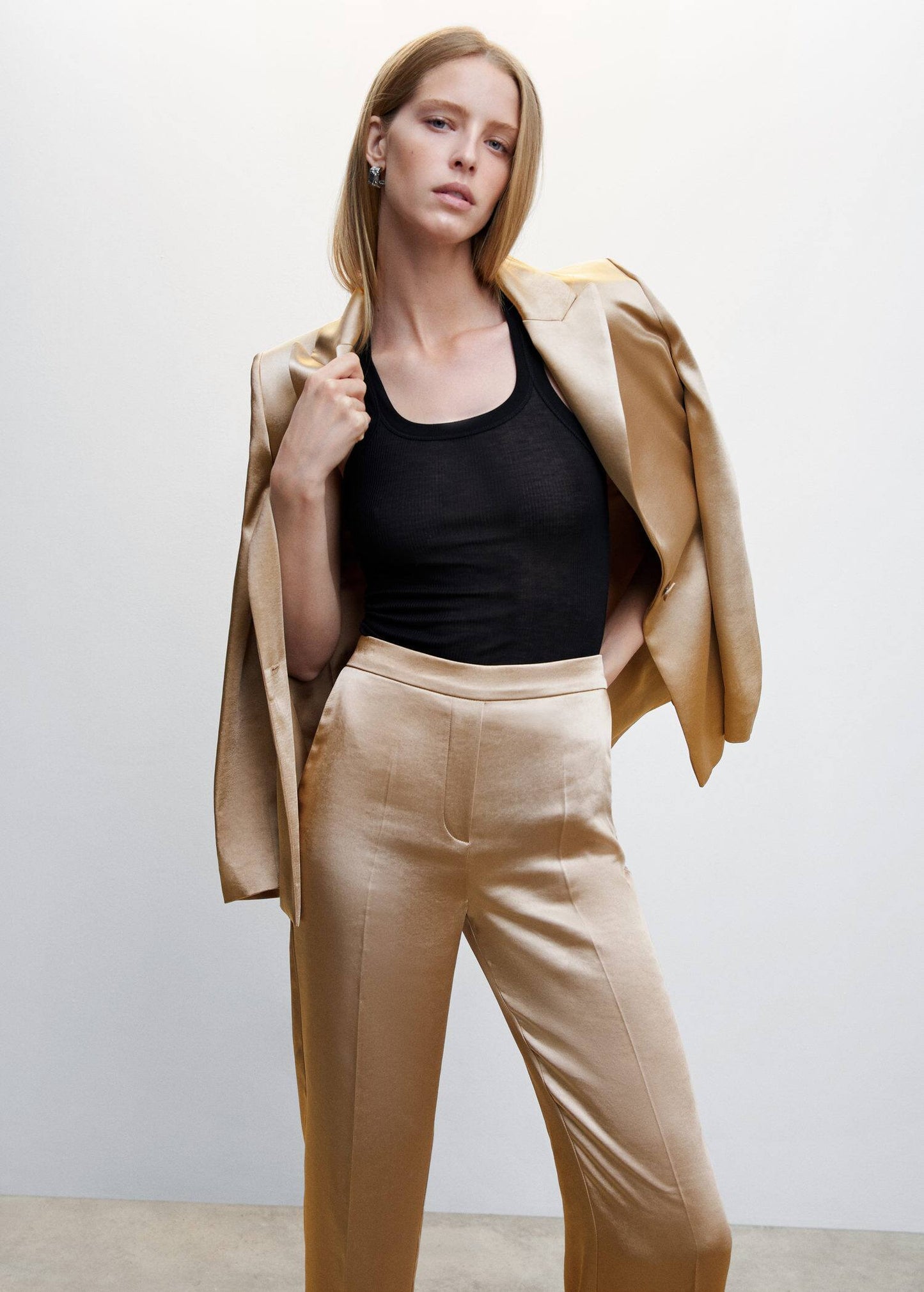 Pantalón Satinado Cintura Elástica Beige