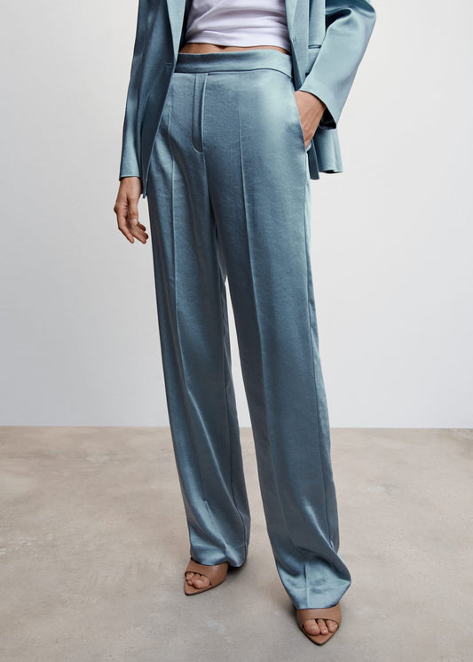 Pantalón Satinado Cintura Elástica Azul