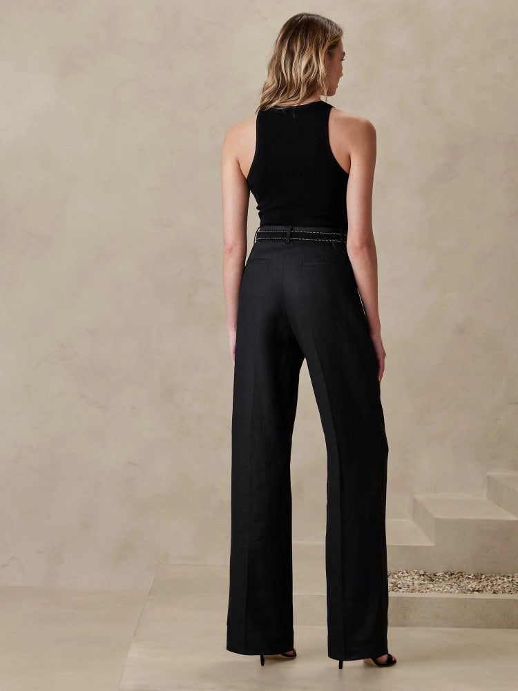 Pantalón Recto De Lino Negro