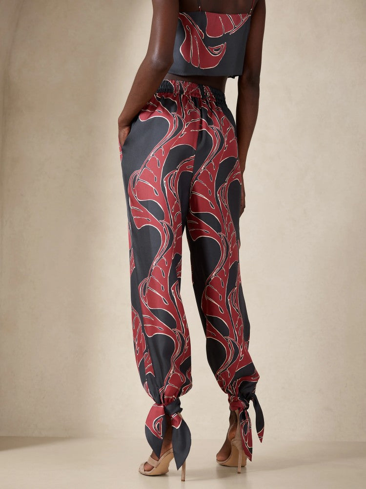Pantalón De Seda Detalle Lazo Estampado Rojo