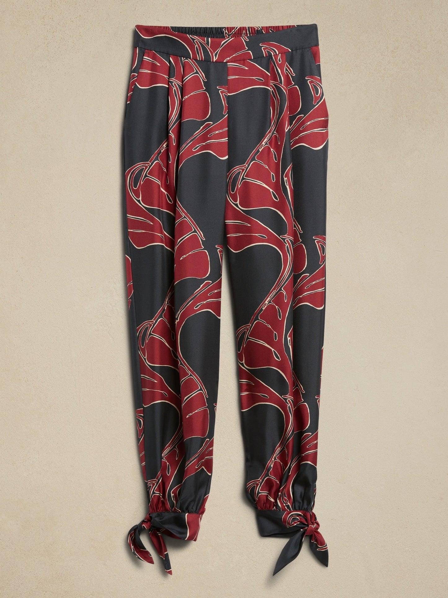 Pantalón De Seda Detalle Lazo Estampado Rojo