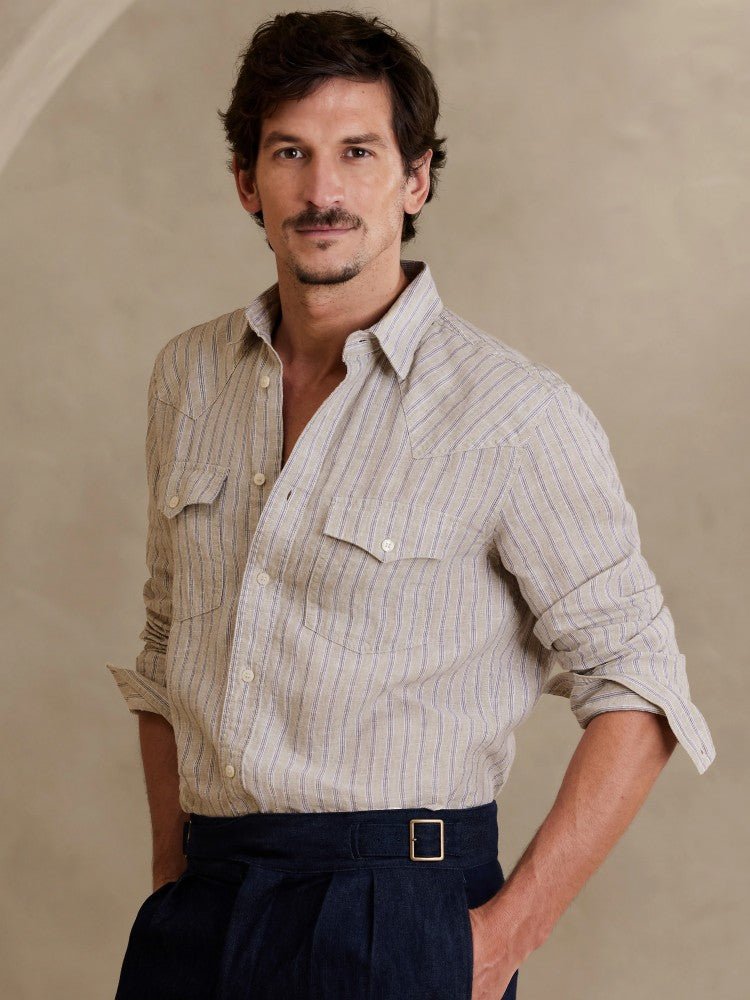 Camisa De Lino Bolsillos Rayas