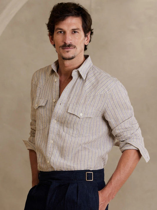 Camisa De Lino Bolsillos Rayas