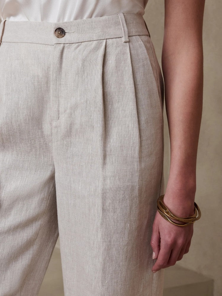 Pantalón Recto De Lino Beige