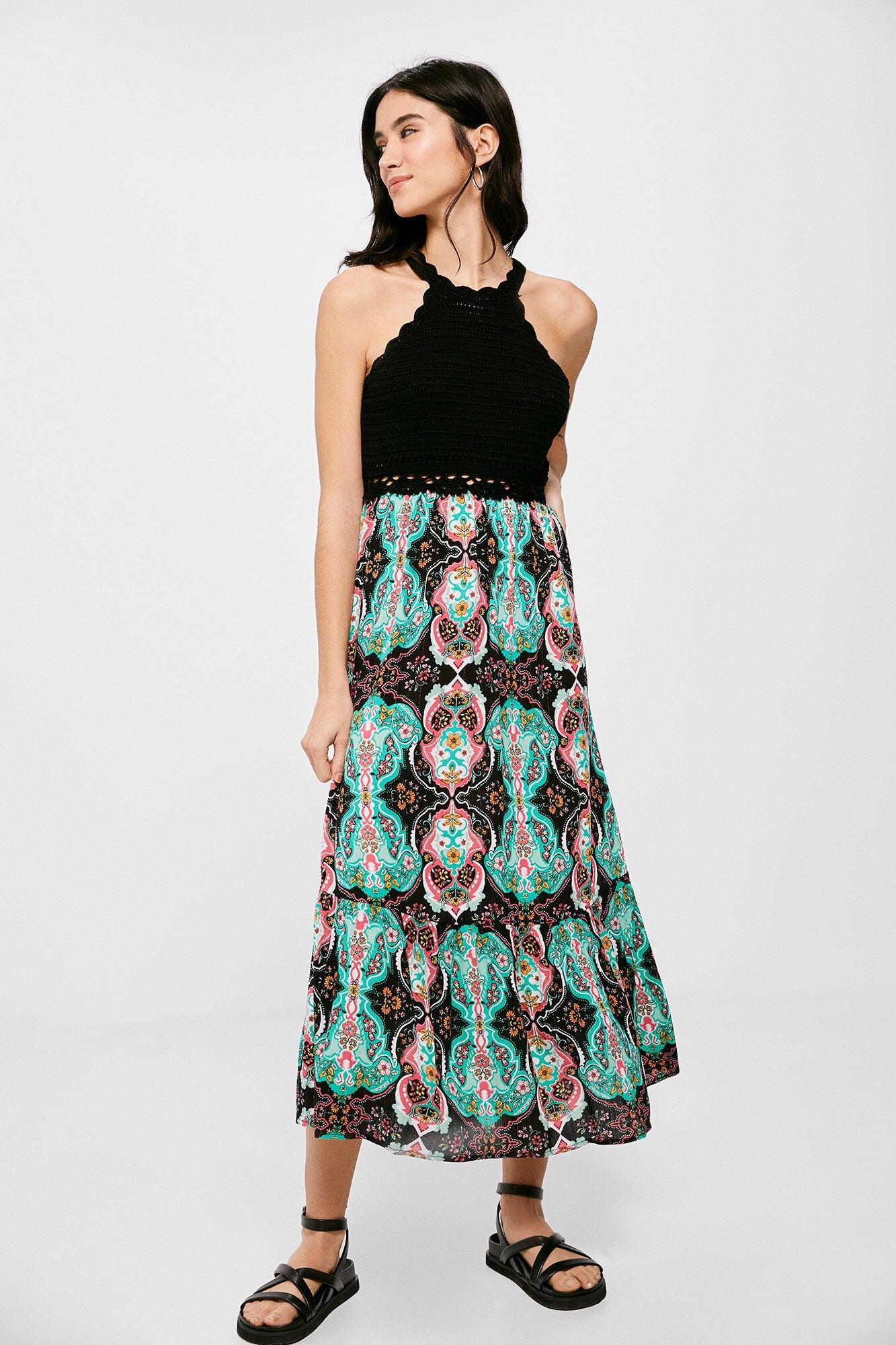Vestido Midi Corte Halter Negro/Multicolor