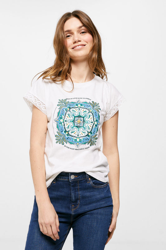 Camiseta Estampada Mangas Crochet Blanco