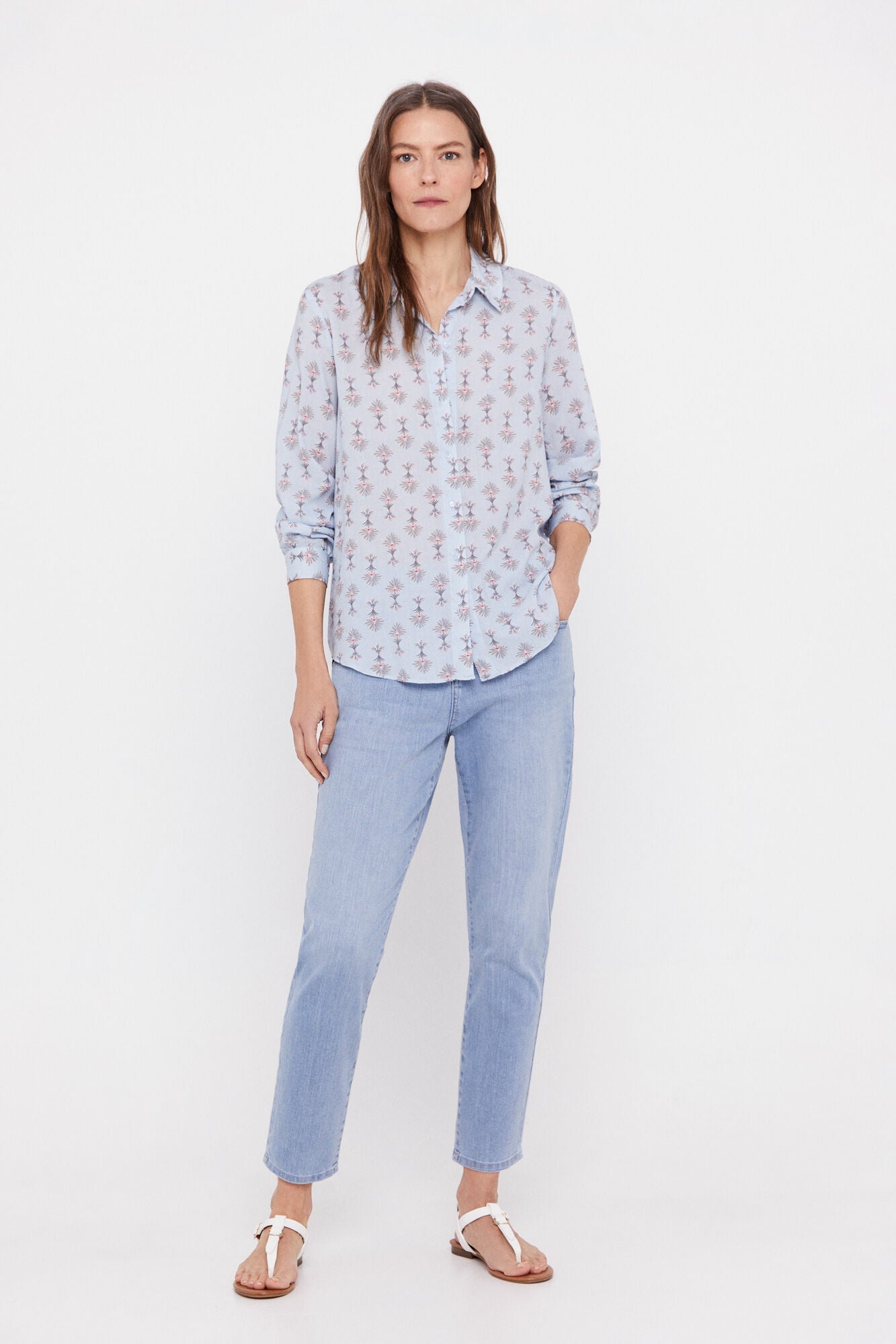Blusa Algodón Estampada Celeste