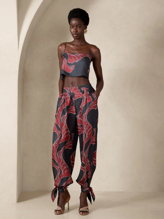 Pantalón De Seda Detalle Lazo Estampado Rojo