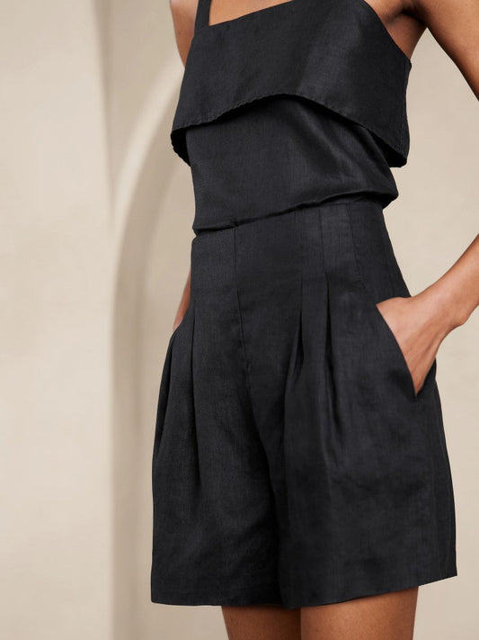 Short De Lino Cintura Alta Negro
