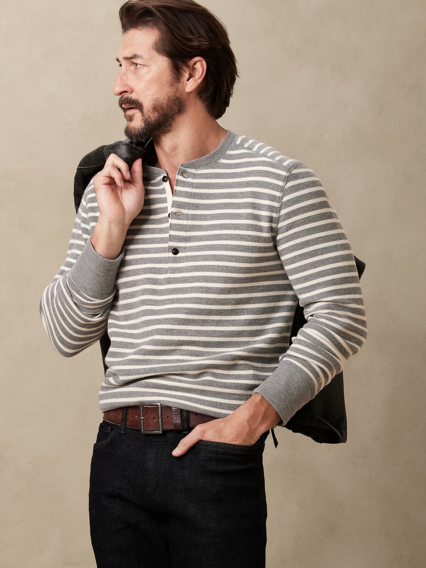 Brushed Waffle-Knit Henley
