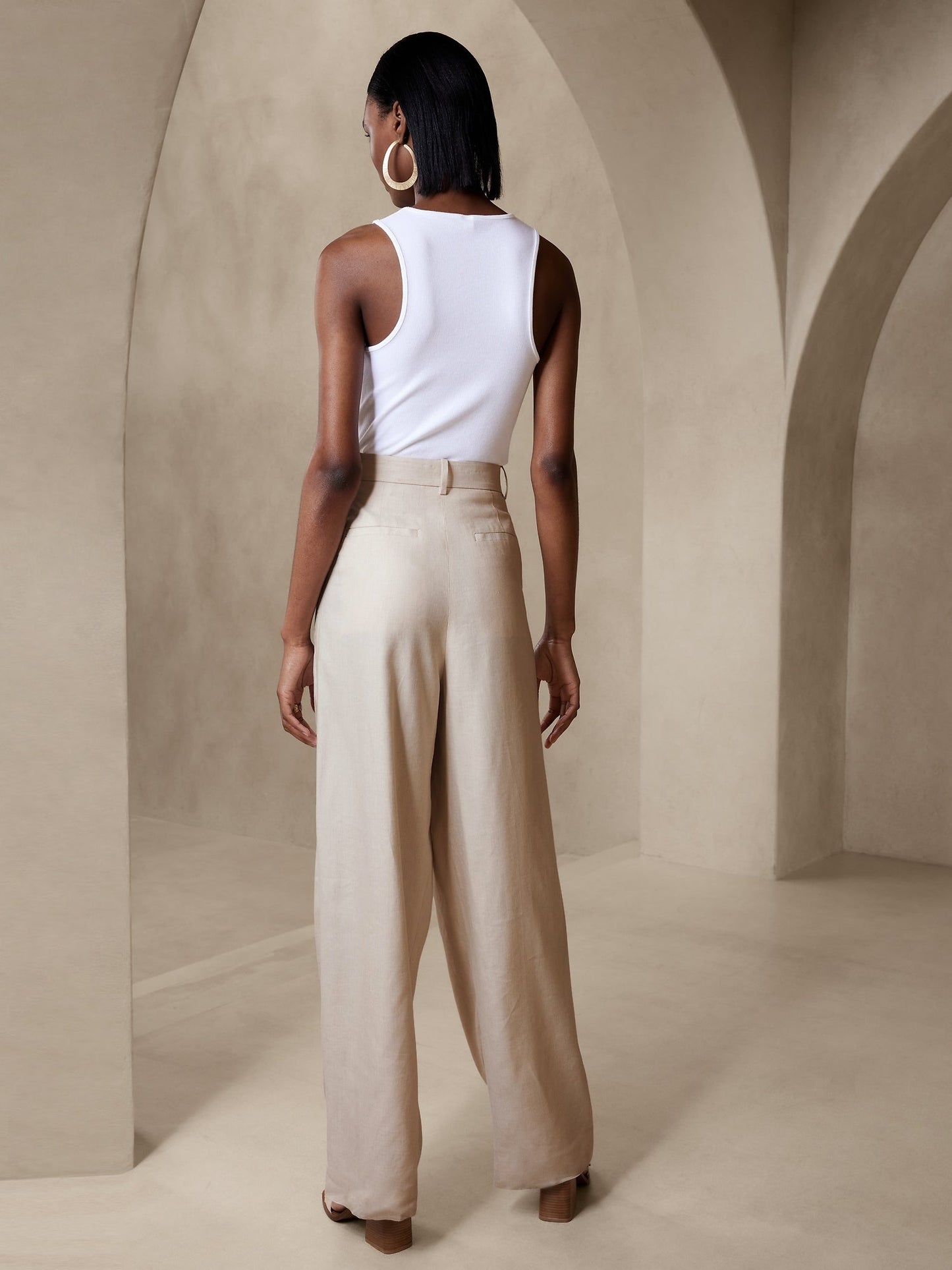 Pantalón Ancho Con Lino Beige
