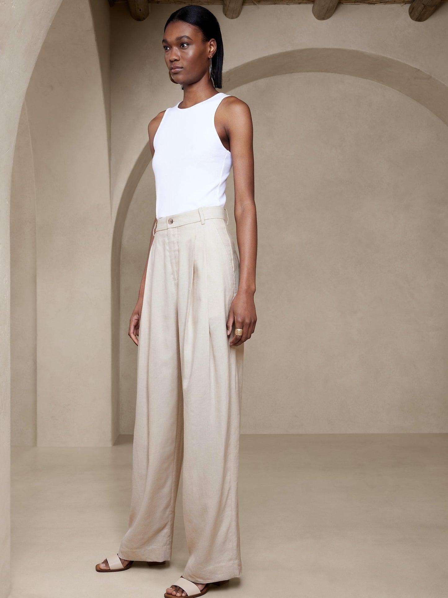 Pantalón Ancho Con Lino Beige