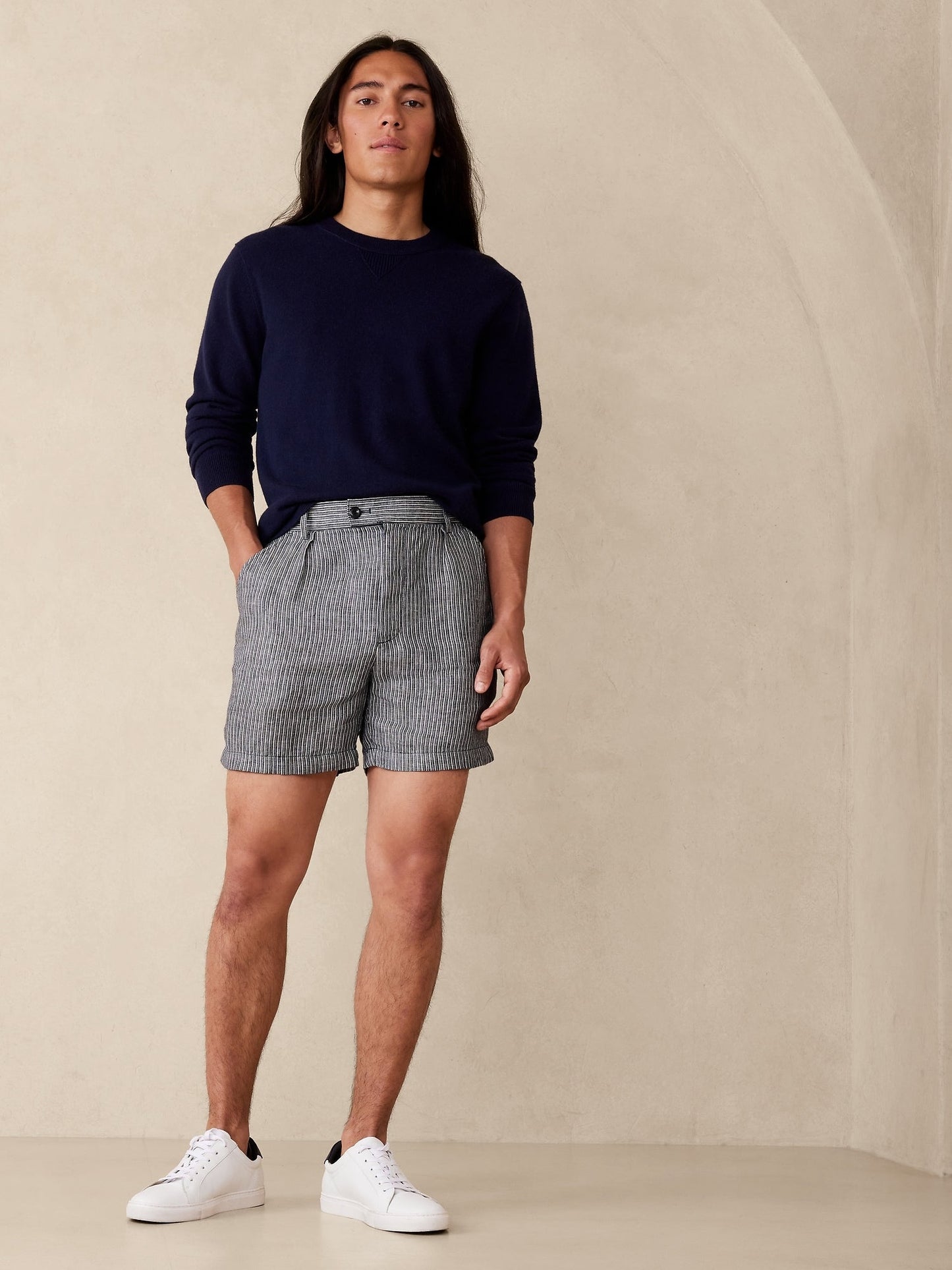 Short De Lino Plisado Rayas Azul