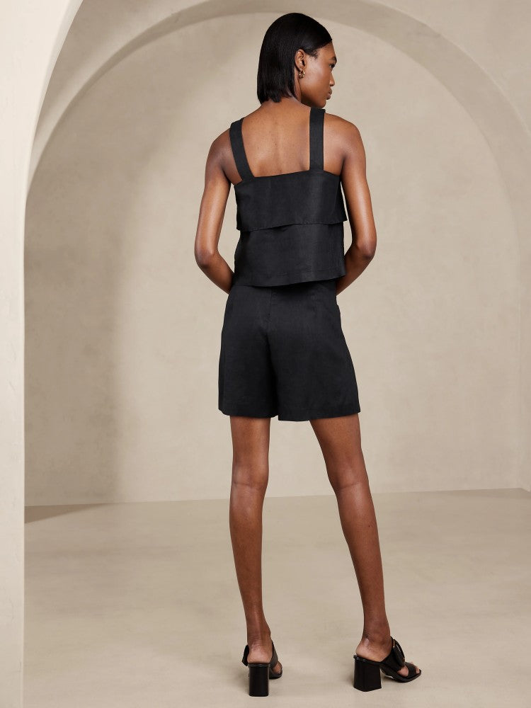 Short De Lino Cintura Alta Negro